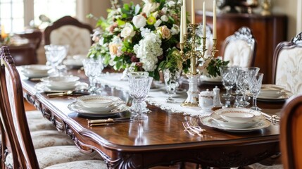 Fototapeta premium Elegant Dining Table Set for Formal Occasions with Floral Arrangement
