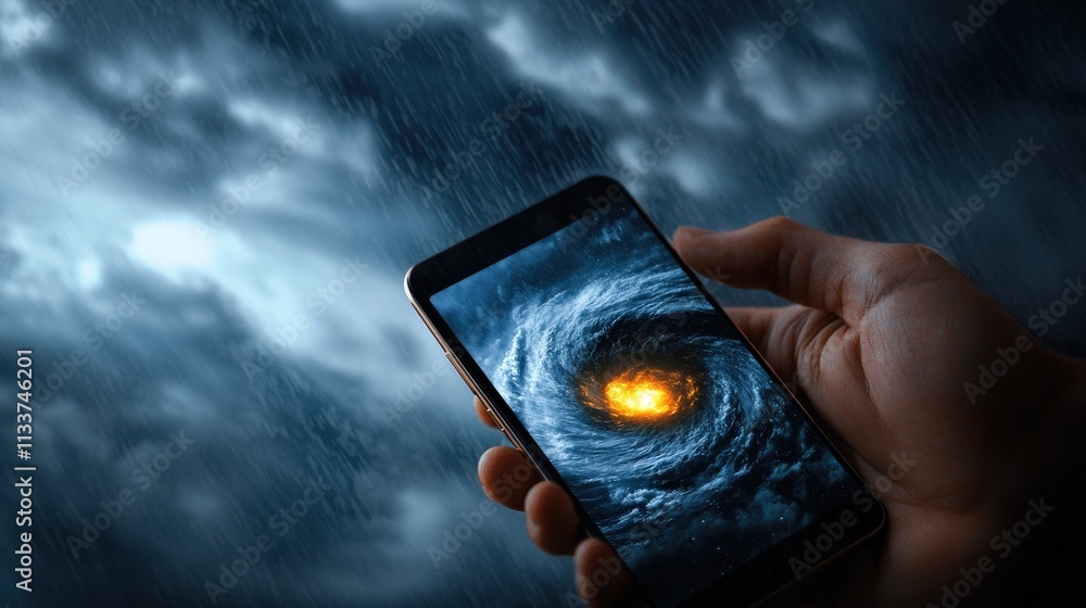 Aufkleber a tornado warning alert displayed on a smartphone against a stormy background.