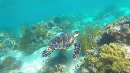 Fototapeta premium Graceful Sea Turtle Swimming in Clear Blue Water