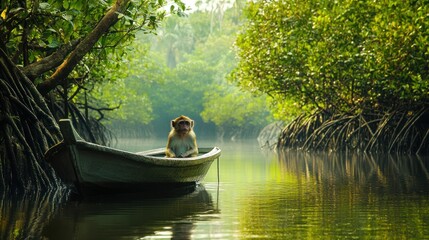 Fototapeta premium A curious monkey inspecting a small boat tied to a mangrove tree, the water reflecting the dense foliage around it