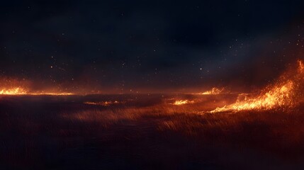 Obraz premium Nighttime Grassland Fire Burning Under Starry Sky