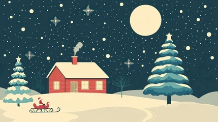 Fototapeta premium A peaceful winter night with a cabin surrounded by snow, a colorful Christmas tree, and sleigh silhouetted in the moonlit sky. -