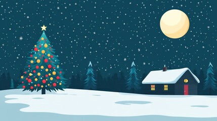 A peaceful winter night with a cabin surrounded by snow, a colorful Christmas tree, and sleigh silhouetted in the moonlit sky. -