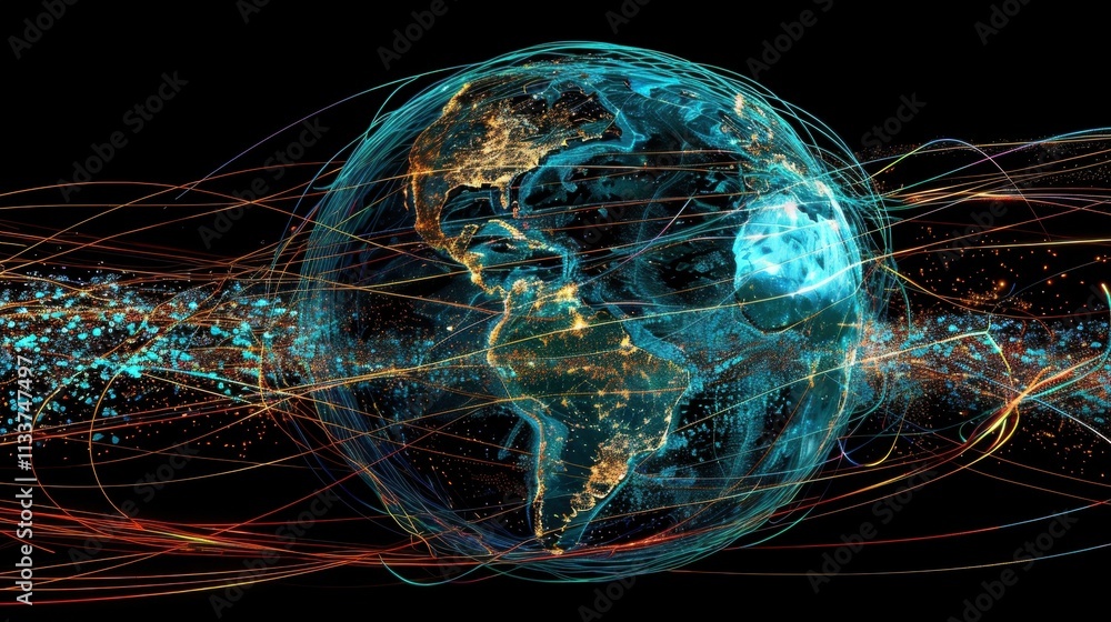 Poster planet earth rotating in space. surrounded by vibrant data connections and flowing information. illu
