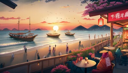 Fototapeta premium Sunlight reflects off the caf? windows, enhancing the view. 