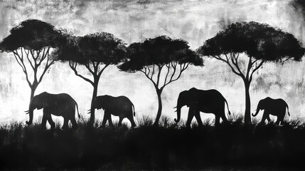 Fototapeta premium Silhouetted Elephants Against a Dramatic Sky