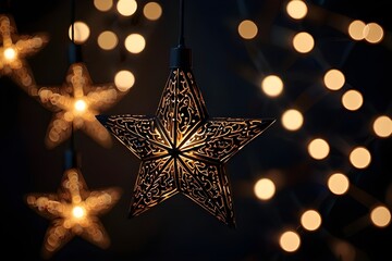 Decorative star shaped lights glowing in the dark, creating a festive atmosphere
