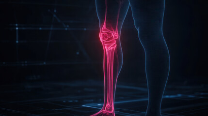 glowing knee joint in silhouette, showcasing anatomical details and technology. vibrant colors highlight structure and function of knee