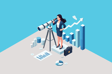 Vision for Growth, Isometric Design of a Successful Businesswoman on a Growth Chart with a Telescope