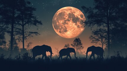 Naklejka premium Elephants Silhouetted Against a Full Moon Landscape