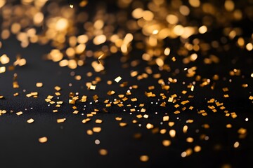 A close-up of shimmering gold confetti scattered on a dark surface.