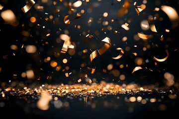 Obraz premium A dynamic scene of golden confetti falling against a dark background, evoking celebration.