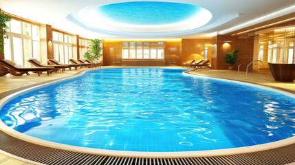 Luxury indoor pool with chaise lounges, natural light, and a curved design.