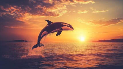 Orca leaping high at sunset over ocean waves