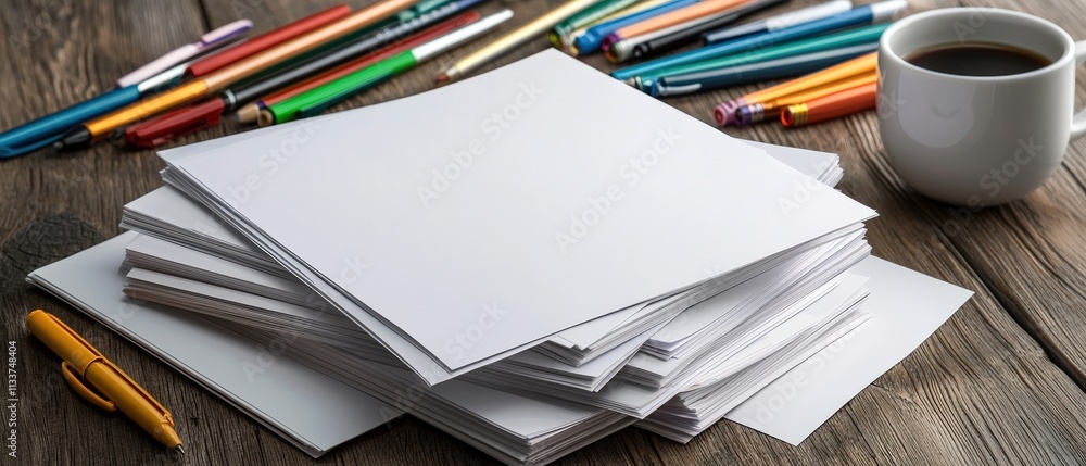 Poster a neat stack of notepaper surrounded by colorful pens and a warm coffee cup.