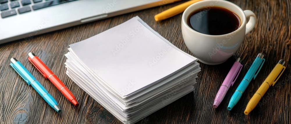 Poster a neat stack of notepaper surrounded by colorful pens and a warm coffee cup.