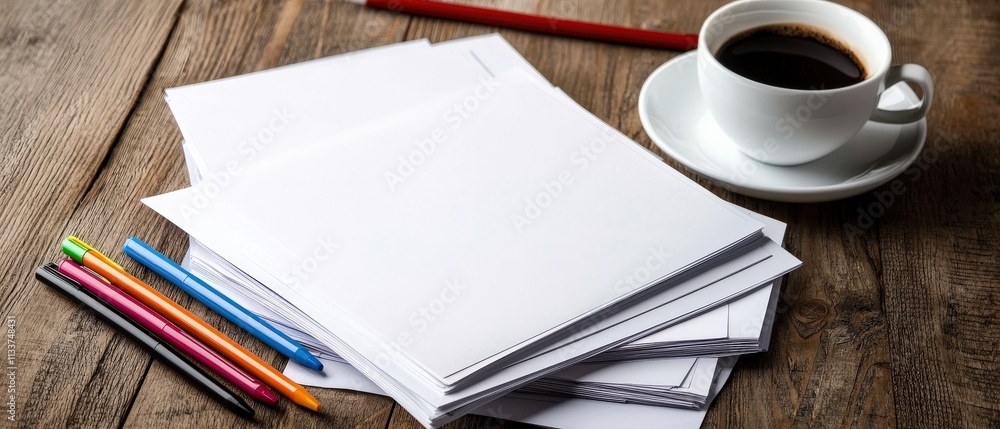 Poster a neat stack of notepaper surrounded by colorful pens and a warm coffee cup.
