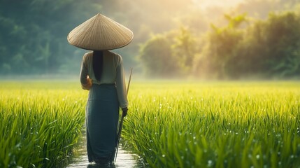 Serene Rice Paddy Field: Asian Woman at Sunrise