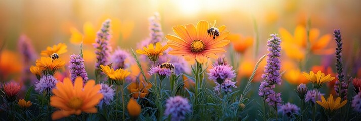 Vibrant wildflowers bathed in golden sunset light, bees pollinating.