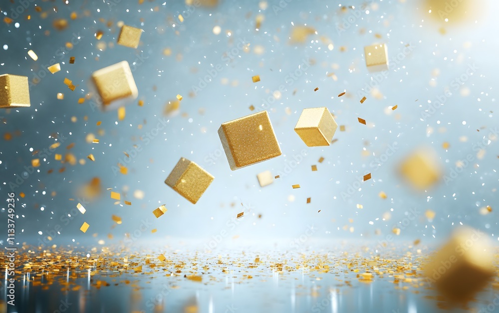 Poster a dynamic scene of floating golden cubes against a shimmering background.