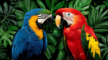 Fototapeta premium Lush rainforest scene featuring vibrant blue and red parrots amidst green foliage, showcasing beauty of nature and wildlife