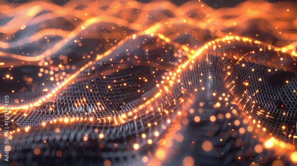 Poster big data flowing like digital lava, with glowing particles and a dark grid, creating a futuristic la