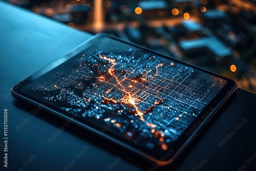 Poster A glowing state map displayed on a tablet, with cities highlighted in vivid colors.
