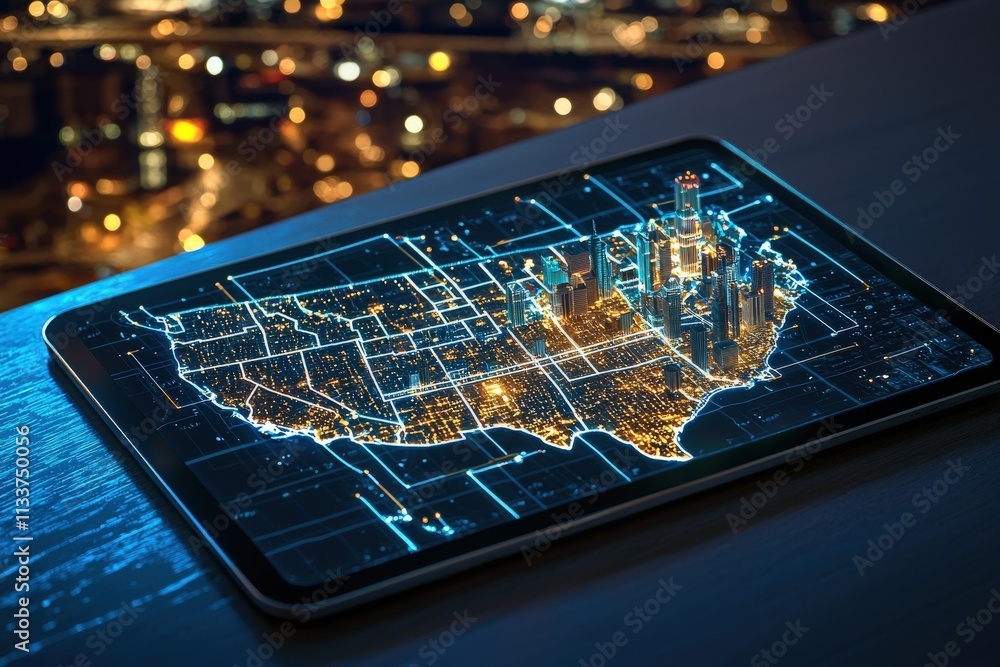 Aufkleber A glowing state map displayed on a tablet, with cities highlighted in vivid colors.