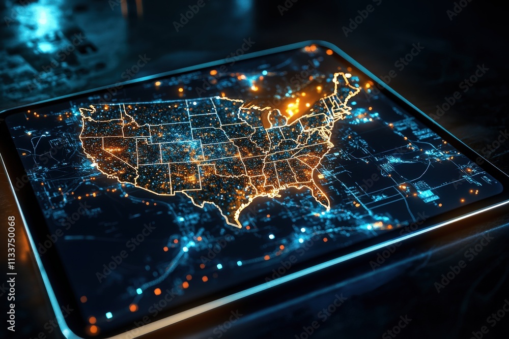 Poster a glowing state map displayed on a tablet, with cities highlighted in vivid colors.