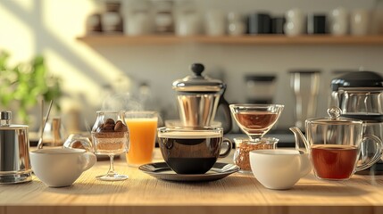 Sunlit kitchen counter with coffee, tea, orange juice, and sweets.