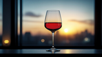 glass of red wine sits elegantly on table, with stunning sunset view in background, creating warm and inviting atmosphere