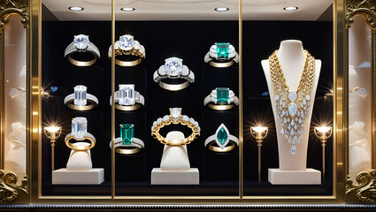 Jewelry diamond rings and necklaces show in luxury retail store window display, Generative AI
