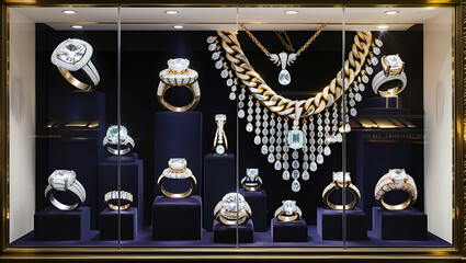 Jewelry diamond rings and necklaces show in luxury retail store window display, Generative AI