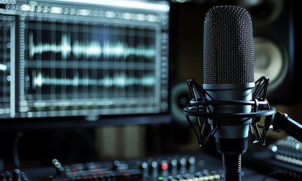 A microphone in front of a computer screen displaying audio waveforms for recording purposes.