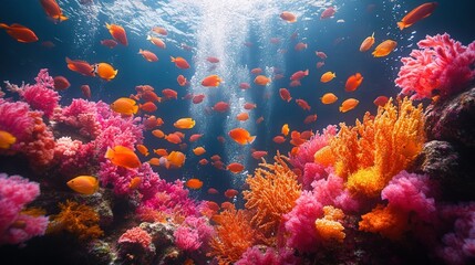 Naklejka premium Vibrant coral reef teeming with orange fish.
