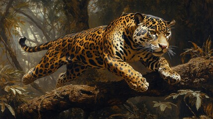Obraz premium Majestic jaguar leaping across a jungle tree branch, showcasing its powerful physique and spotted coat.