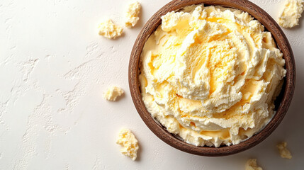 Creamy whipped topping in wooden bowl, surrounded by crumbs, perfect for desserts. This delightful treat adds rich texture and flavor to various dishes