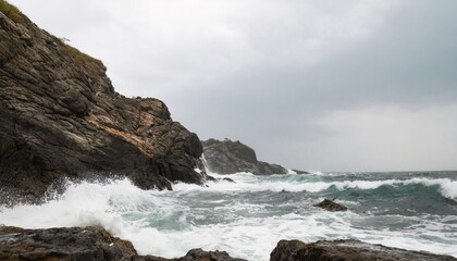 Dramatic Ocean Waves Crashing Against Rocky Cliffs Under Stormy Gray Skies