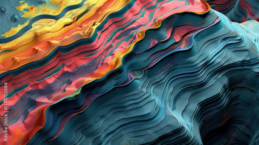 Poster complex data visualization forming colorful layers resembling a mountain landscape, ideal for repres