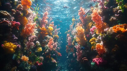 Fototapeta premium Vibrant coral reef, colorful fish, underwater scene.