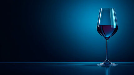 A sleek wine glass with red liquid sits against a dark blue backdrop, creating an elegant and moody atmosphere