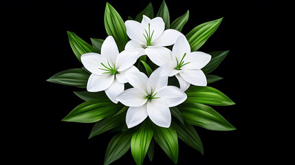A cluster of elegant white lilies surrounded by lush green leaves against a dark background, showcasing natural beauty and tranquility