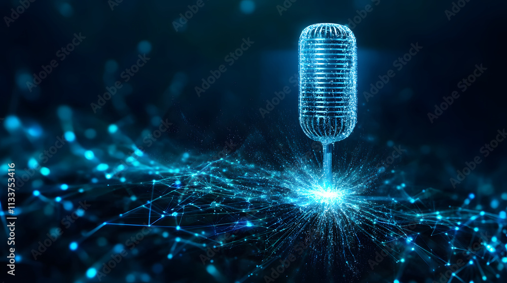 Poster A glowing blue microphone emerges from a digital network, symbolizing technology and communication in a futuristic setting