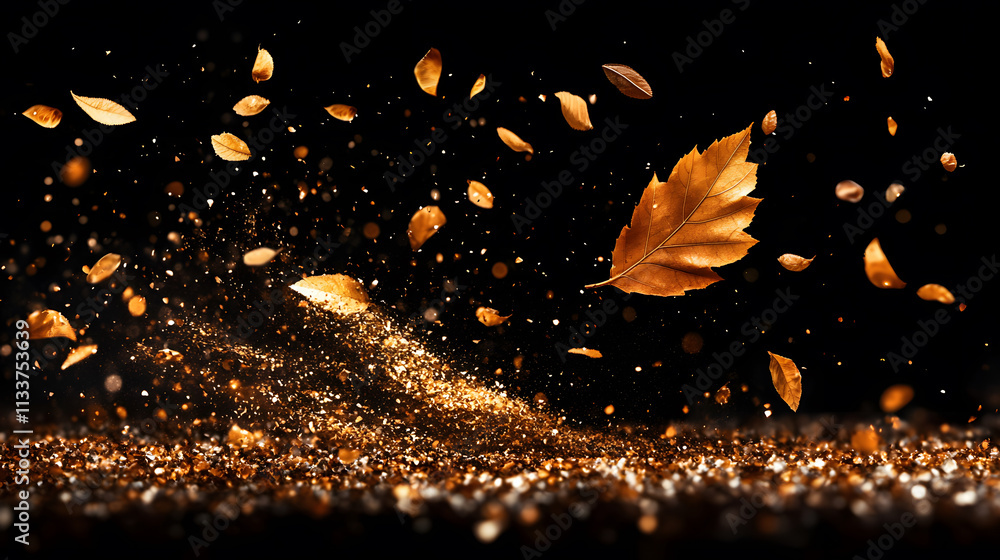 Poster Golden leaves swirl against a dark background, creating a dynamic and ethereal effect with shimmering particles