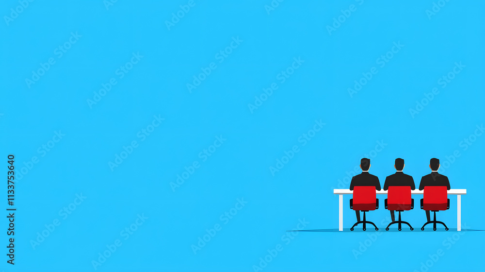 Poster Three shadowed figures in red chairs sit at a white table against a bright blue background, creating a minimalist and abstract composition