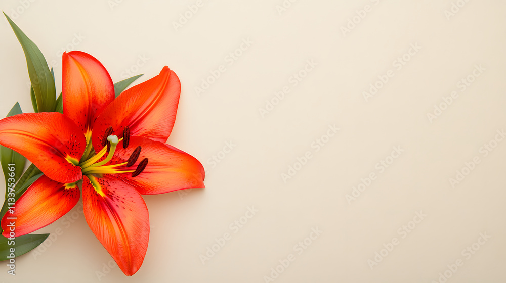 Poster a vibrant orange lily flower with green leaves rests on a soft beige background, creating a striking