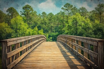 Rustic Wooden Bridge Leading Through Green Forest