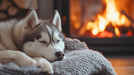 Cozy Husky Dog Sleeping by the Warm Fireplace in a Living Room