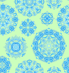 Seamless laced ornament, ornamental texture, woven laced abstract pattern with stylized snowflakes, rosettes