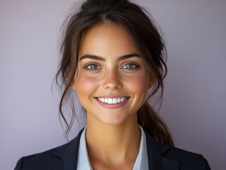 A woman in a suit is smiling for the camera